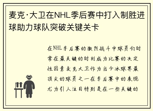 麦克·大卫在NHL季后赛中打入制胜进球助力球队突破关键关卡