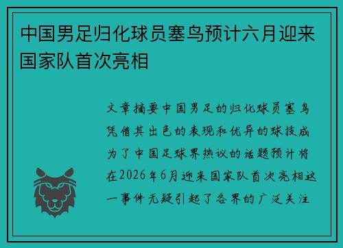 中国男足归化球员塞鸟预计六月迎来国家队首次亮相