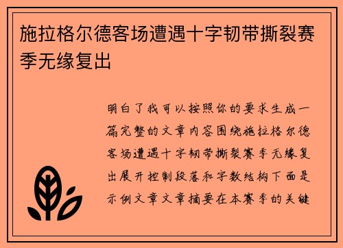 施拉格尔德客场遭遇十字韧带撕裂赛季无缘复出