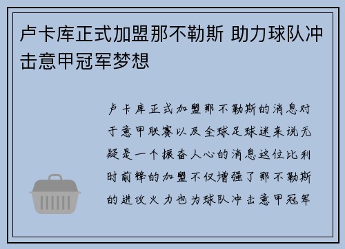 卢卡库正式加盟那不勒斯 助力球队冲击意甲冠军梦想