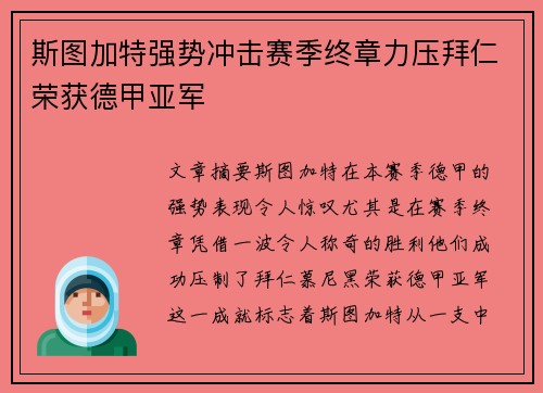 斯图加特强势冲击赛季终章力压拜仁荣获德甲亚军